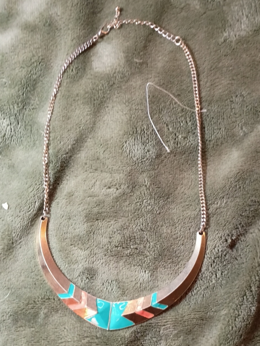 Source Unknown Gold Crescent Necklace with Turquoise and Coral Inlay